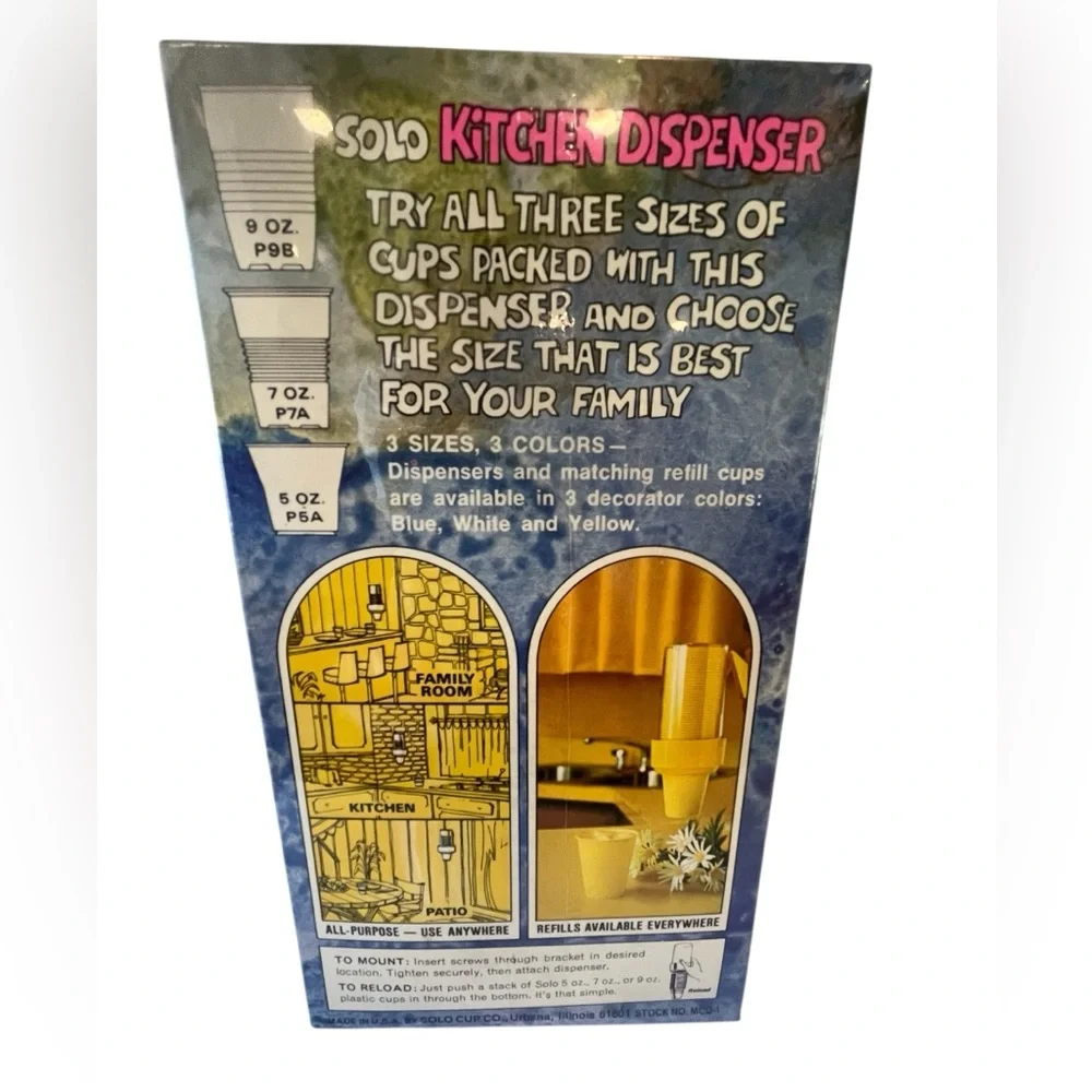 VTG Solo Kitchen Dispenser W/15‎ Plastic Cups 5-7-9 Oz 1972 NOS NEW MCM Yellow